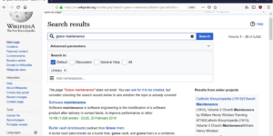 screenshot showing search results for the phrase "grave maintenance" on Wikipedia