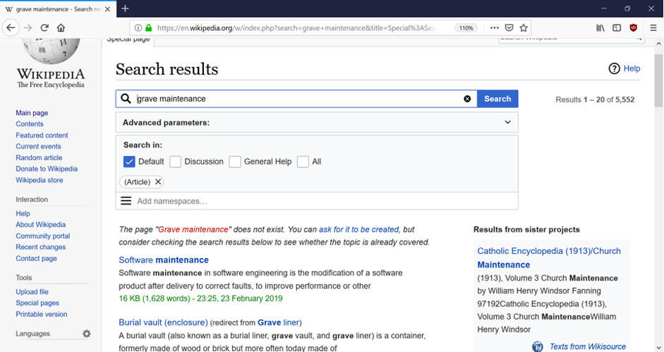 screenshot showing search results for the phrase "grave maintenance" on Wikipedia